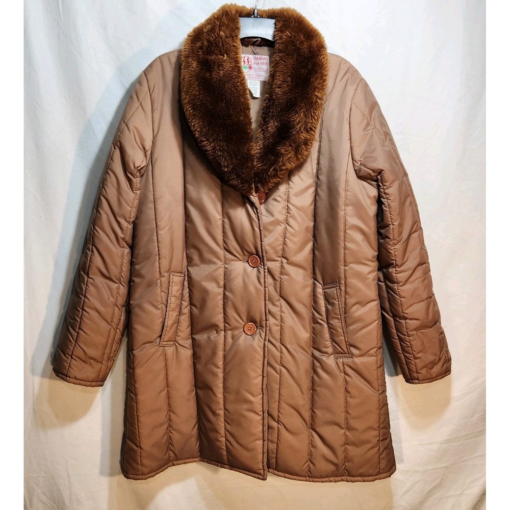 Vintage Haband For Her Down Tan Beige Light Coat Faux Fur Collar Size 14‎